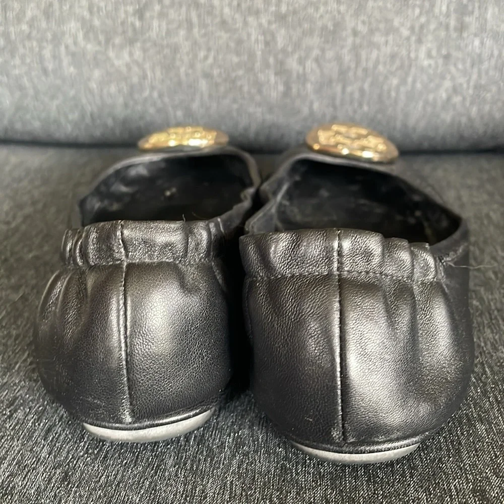 Tory Burch Minnie travel ballerinas gold logo US 6,5 black leather flats